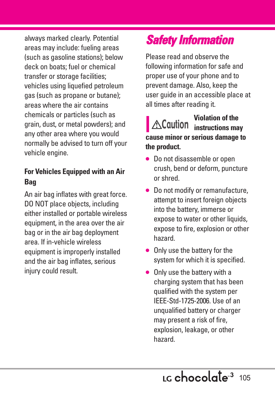 For vehicles equipped with a, Safety information, For vehicles equipped with an air bag | Ssa affe ettyy iin nffo orrm ma attiio on n, Caution | LG Chocolate 3 User Manual | Page 107 / 288