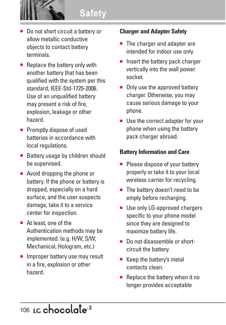 Charger and adapter safety, Battery information and care, Safety | Battery usage by children should be supervised, Do not disassemble or short- circuit the battery, Keep the battery’s metal contacts clean | LG Chocolate 3 User Manual | Page 108 / 288