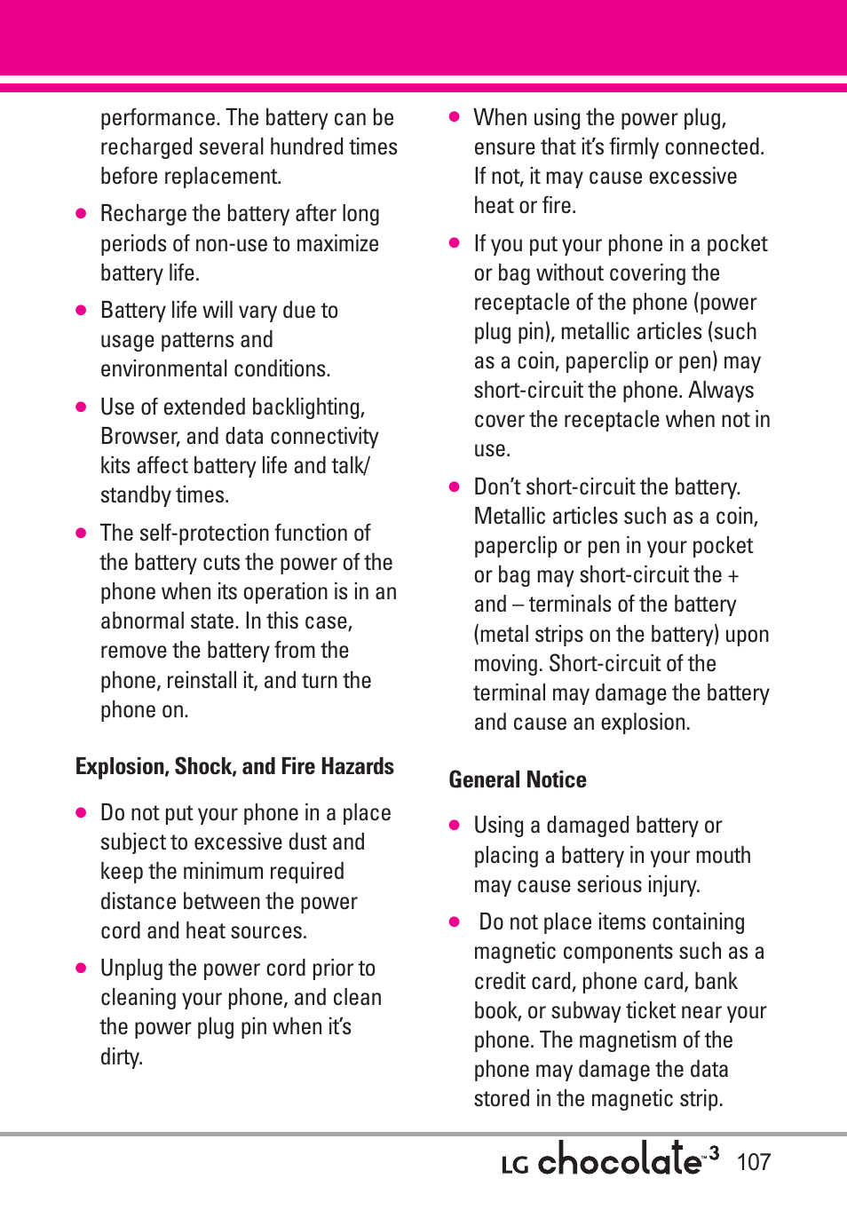 Explosion, shock, and fire, General notice, Explosion, shock, and fire hazards | LG Chocolate 3 User Manual | Page 109 / 288