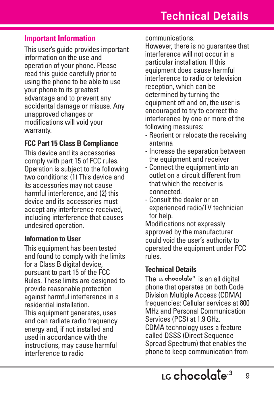 Technical details, Important information | LG Chocolate 3 User Manual | Page 11 / 288