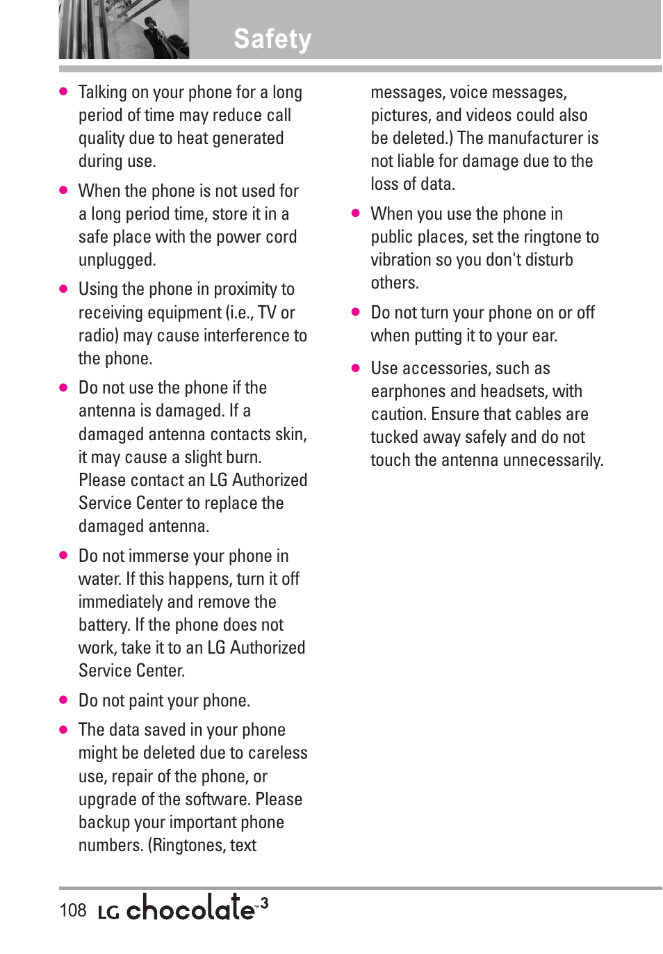 Safety | LG Chocolate 3 User Manual | Page 110 / 288