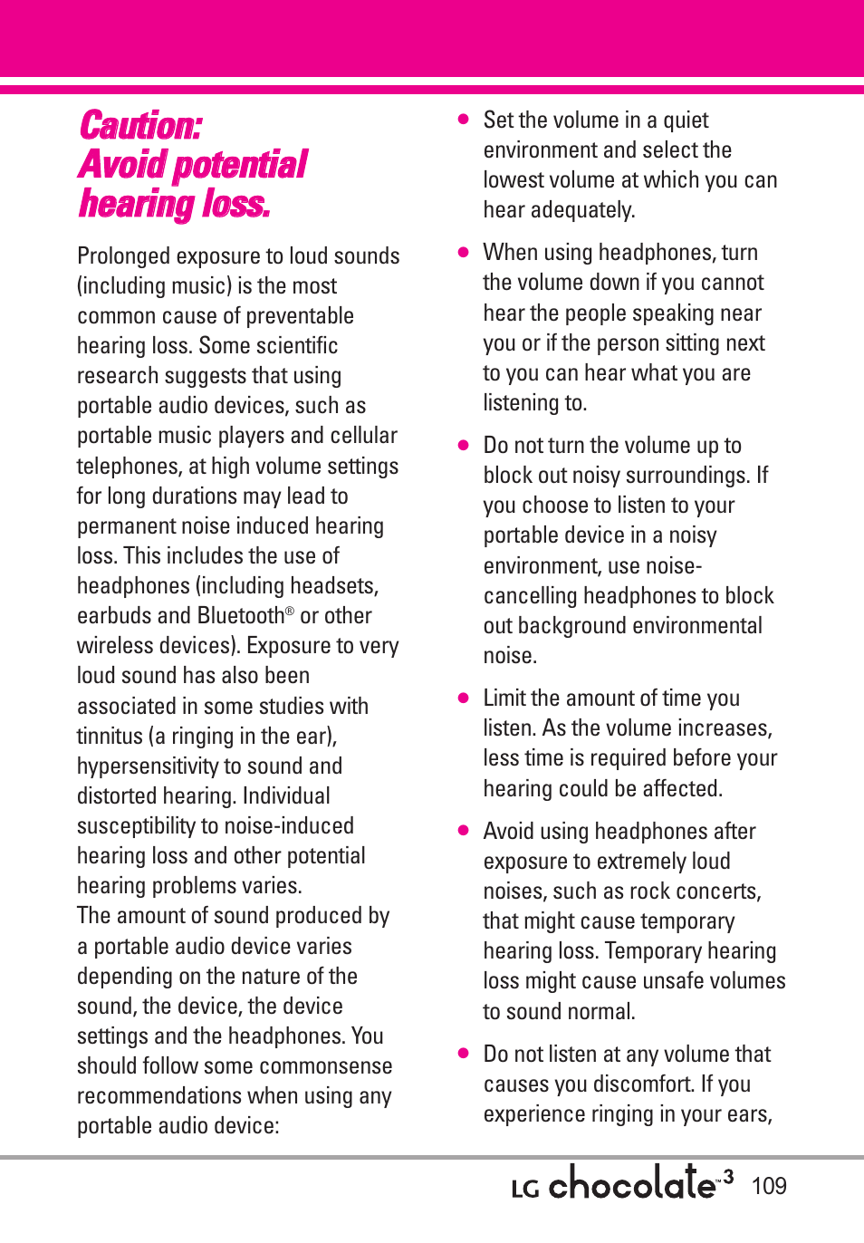 Caution: avoid potential hea, Caution: avoid potential hearing loss | LG Chocolate 3 User Manual | Page 111 / 288