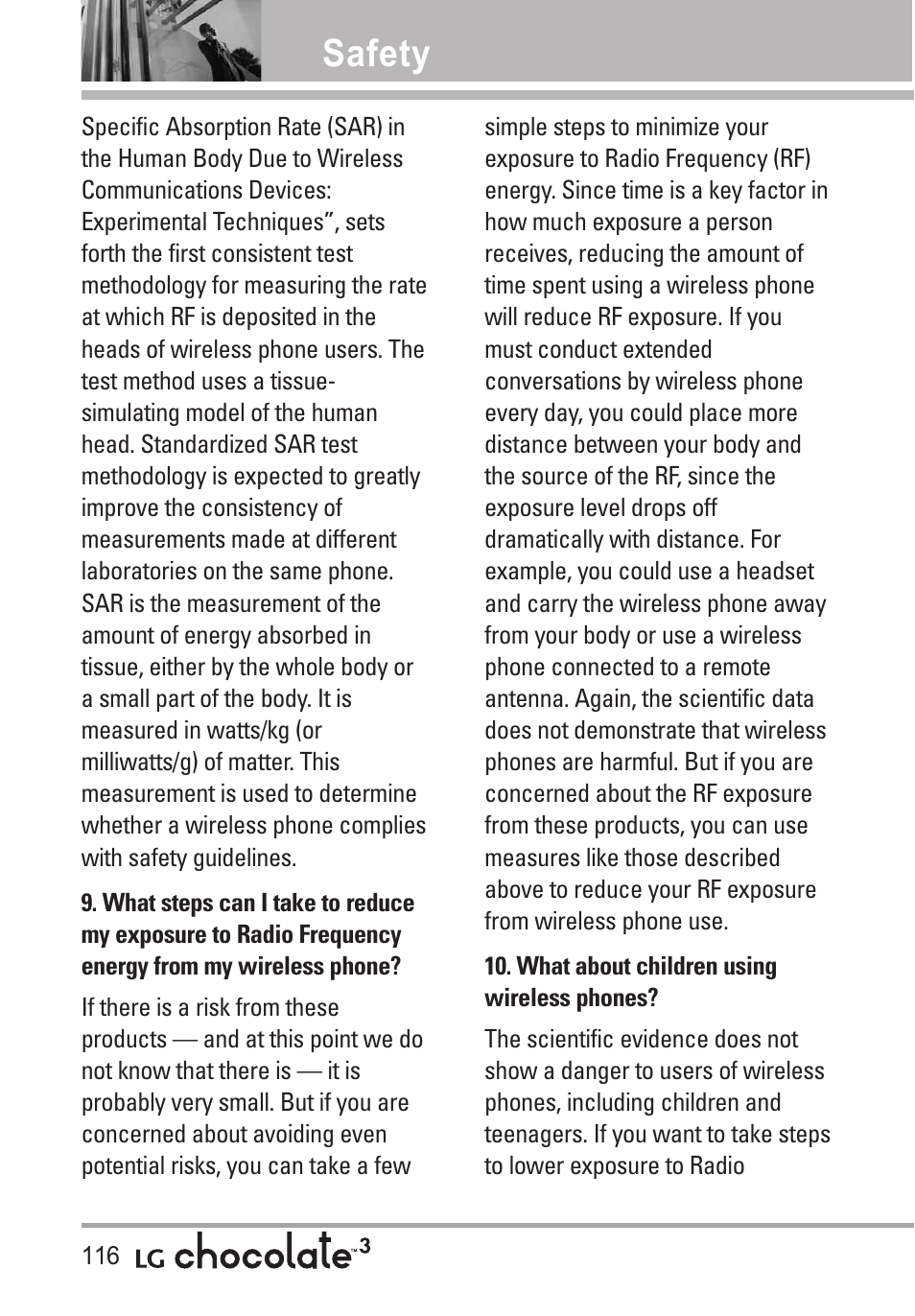 Safety | LG Chocolate 3 User Manual | Page 118 / 288