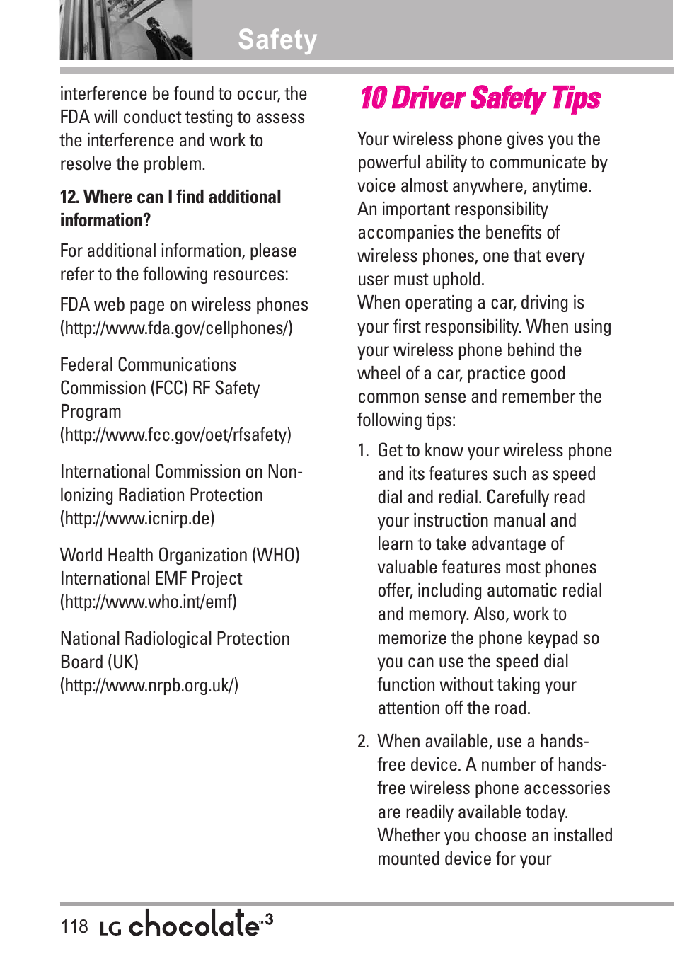 10 driver safety tips, 1100 d drriivve err s sa affe ettyy t tiip pss, Safety | LG Chocolate 3 User Manual | Page 120 / 288