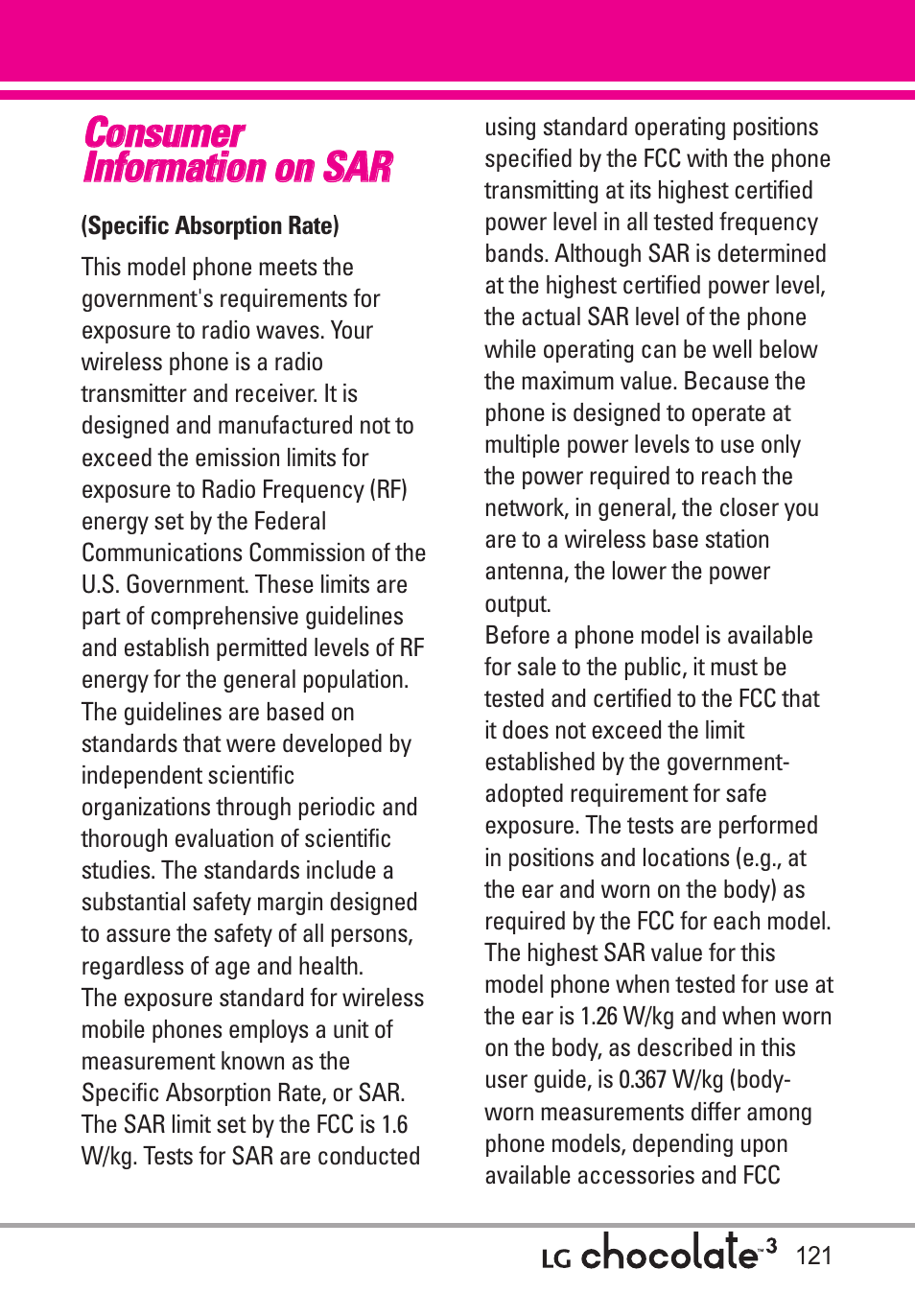 Consumer information on sar, Consumer information on sar .121 | LG Chocolate 3 User Manual | Page 123 / 288