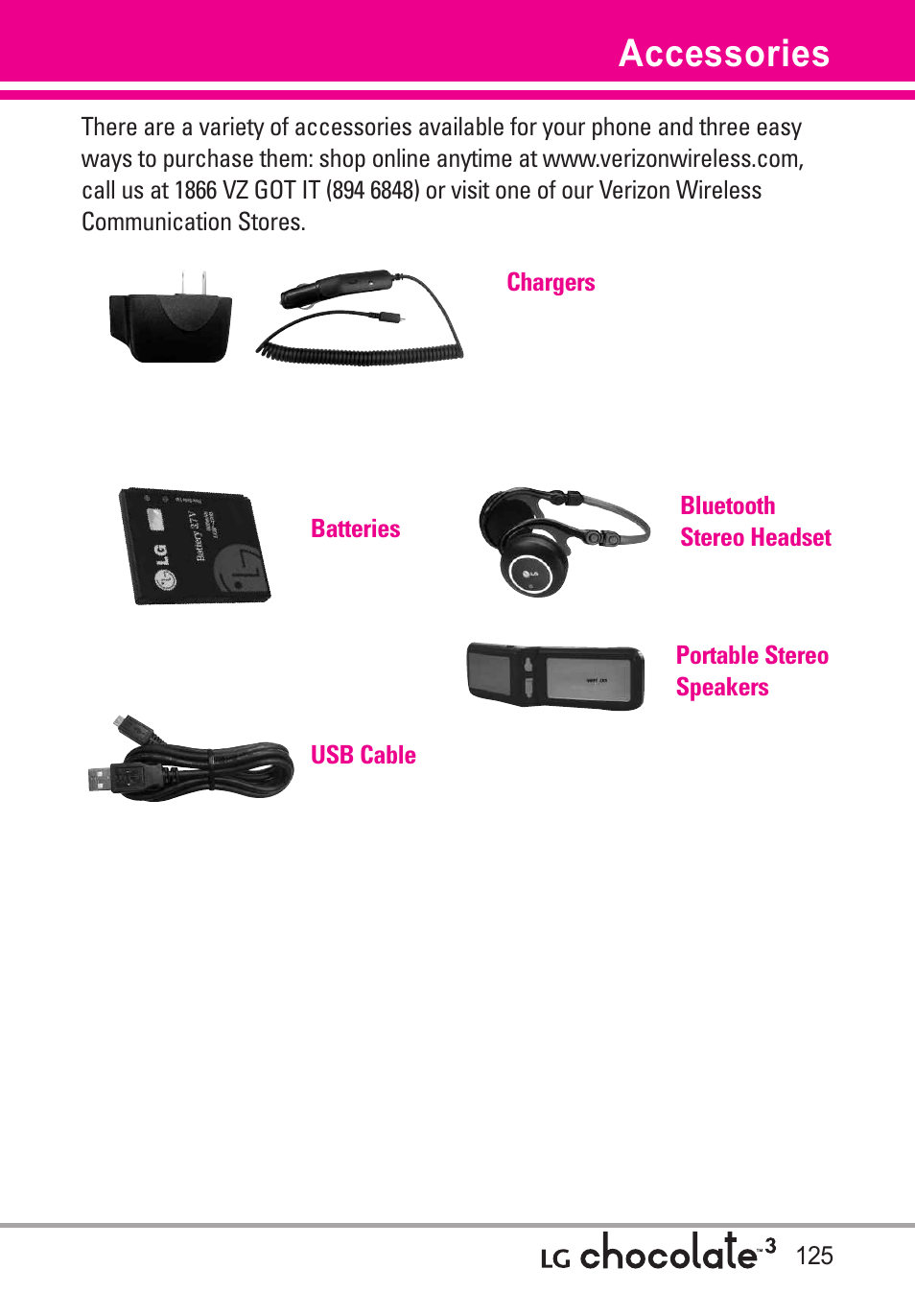 Accessories | LG Chocolate 3 User Manual | Page 127 / 288