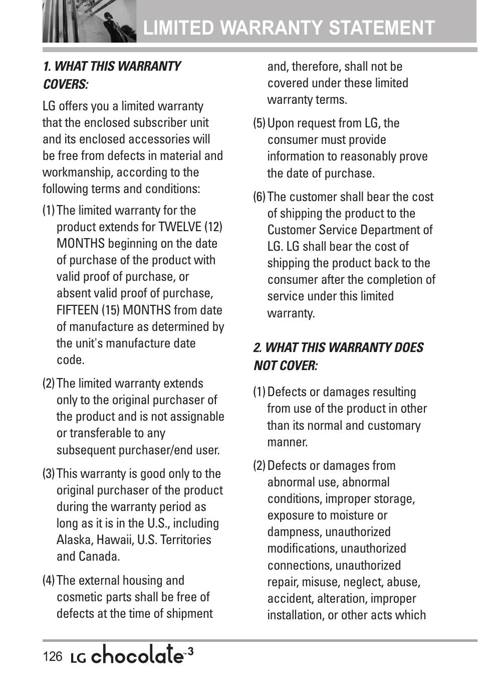 Limited warranty statement | LG Chocolate 3 User Manual | Page 128 / 288
