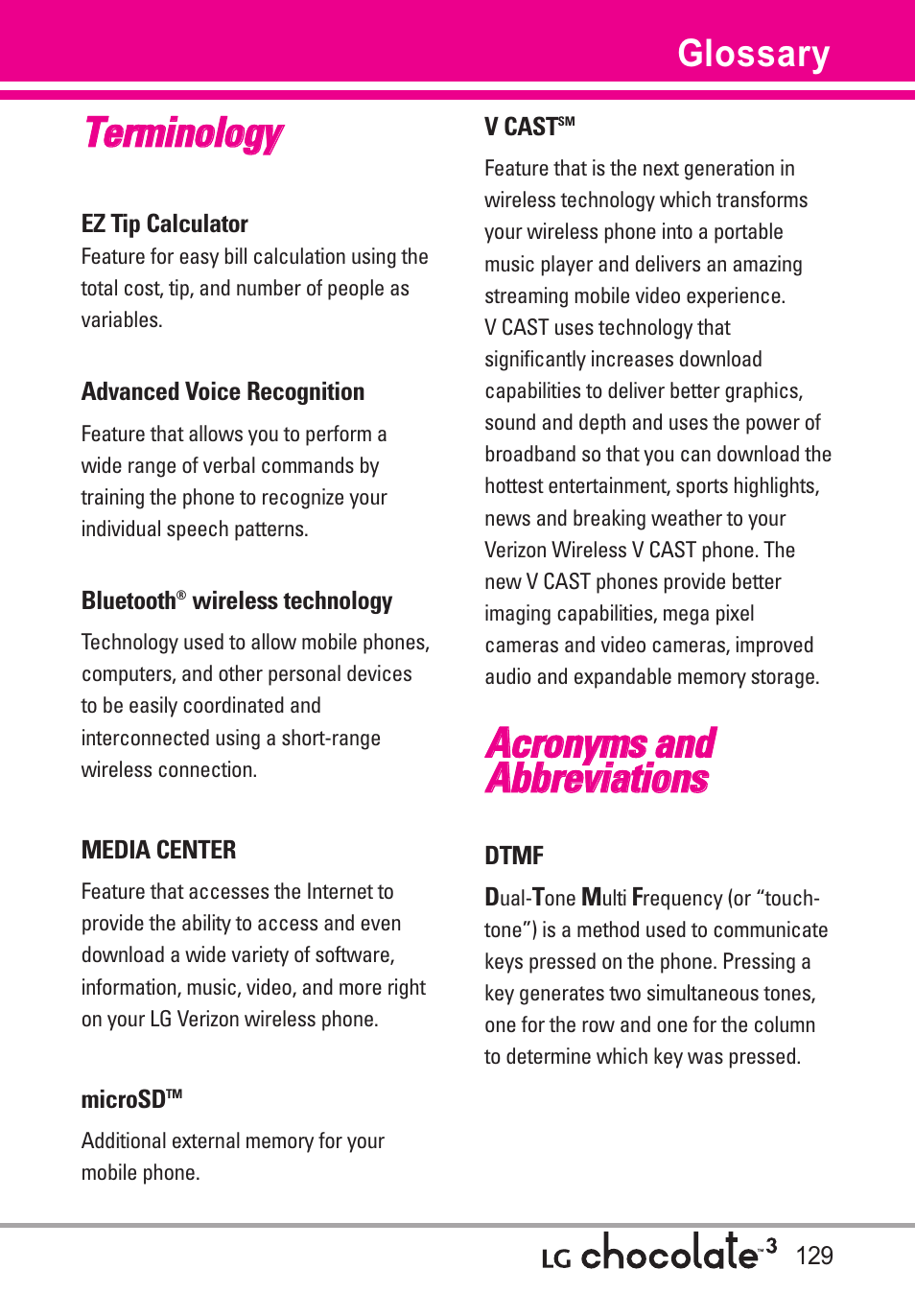 Glossary, Terminology, Acronyms and abbreviations | Tte errm miin no ollo og gyy | LG Chocolate 3 User Manual | Page 131 / 288