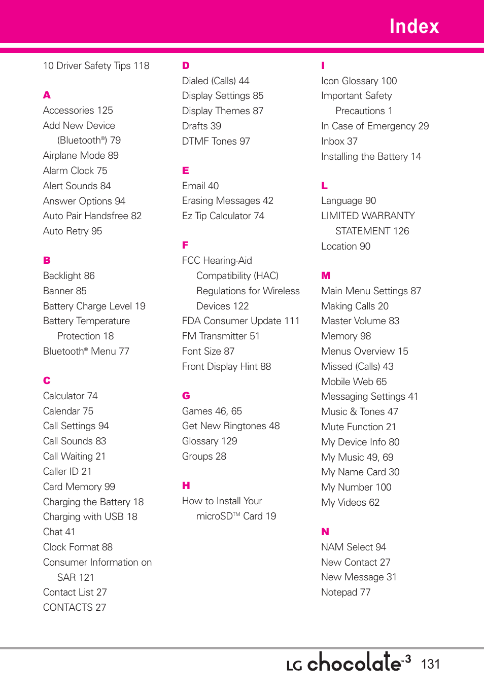 Index | LG Chocolate 3 User Manual | Page 133 / 288