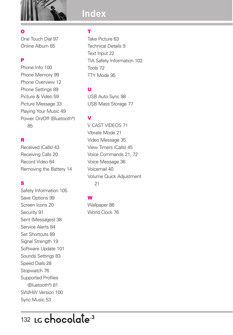 Index | LG Chocolate 3 User Manual | Page 134 / 288