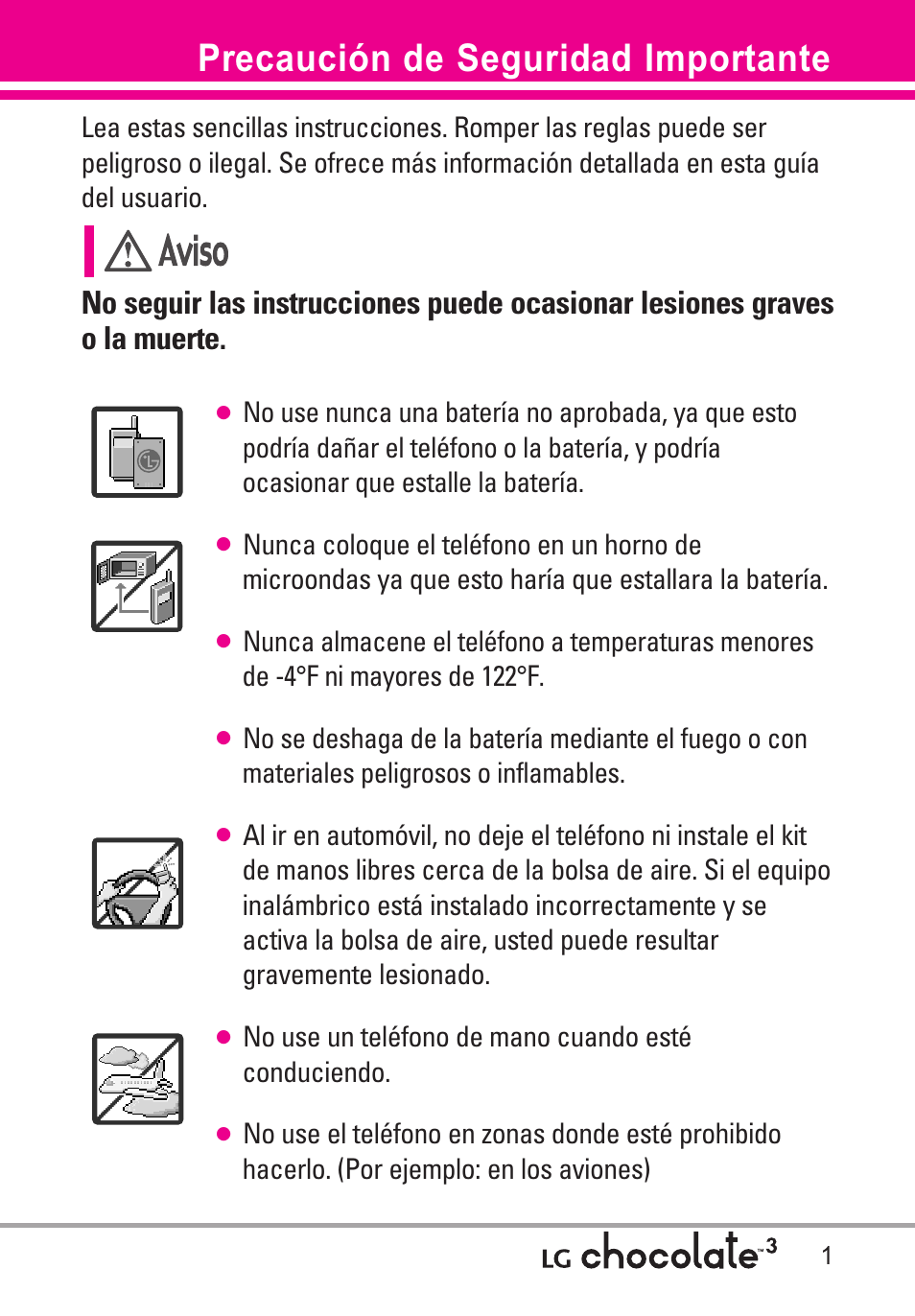 Precaución de seguridad impo, Precaución de seguridad importante | LG Chocolate 3 User Manual | Page 138 / 288