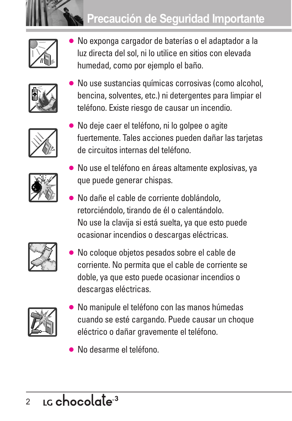 Precaución de seguridad importante, No desarme el teléfono | LG Chocolate 3 User Manual | Page 139 / 288