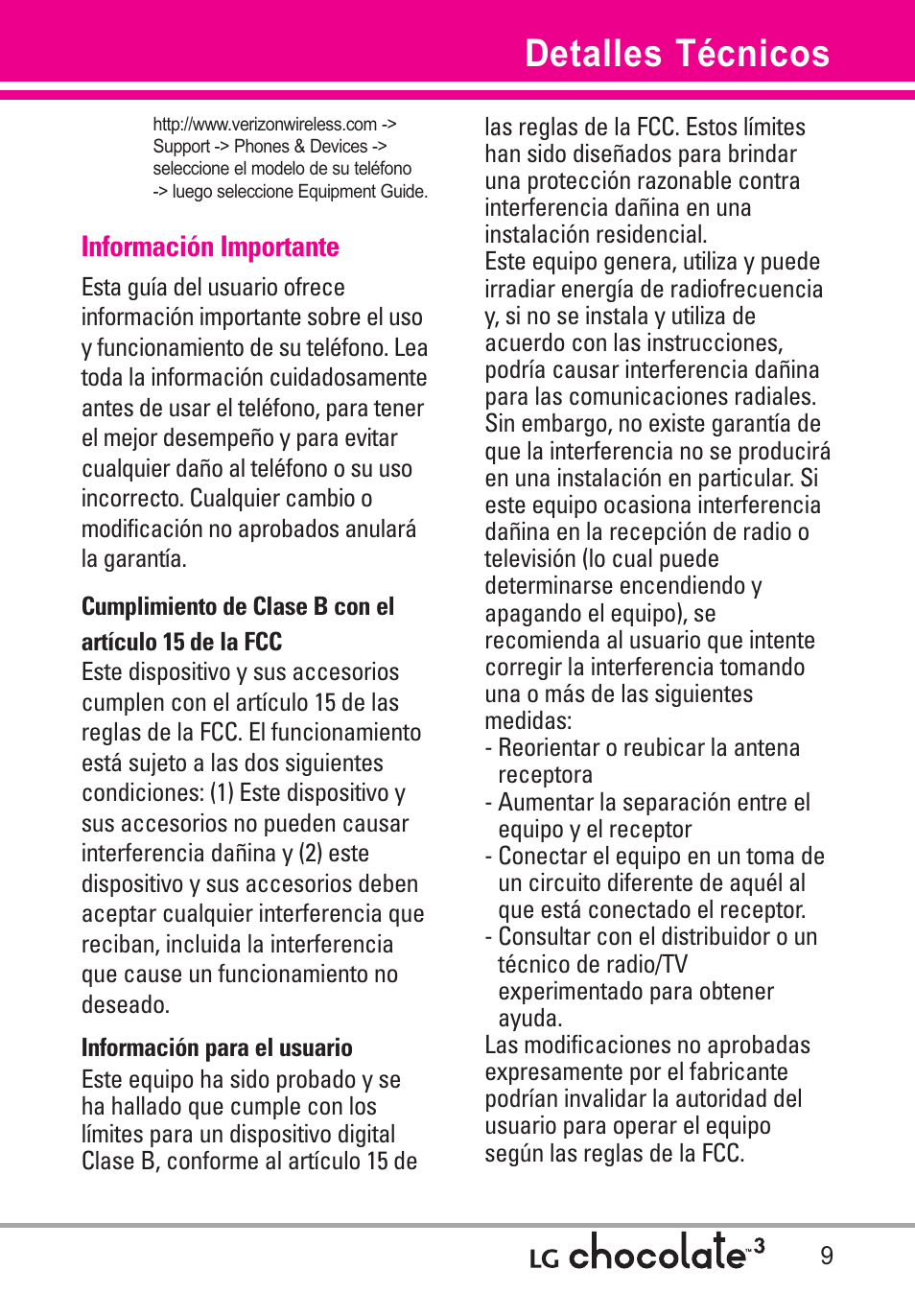 Detalles técnicos, Información importante, Información para el usuario | LG Chocolate 3 User Manual | Page 146 / 288