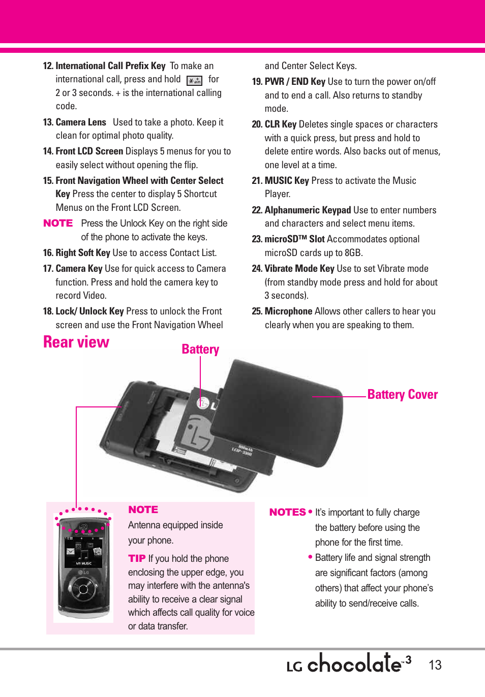 Rear view, Battery battery cover | LG Chocolate 3 User Manual | Page 15 / 288