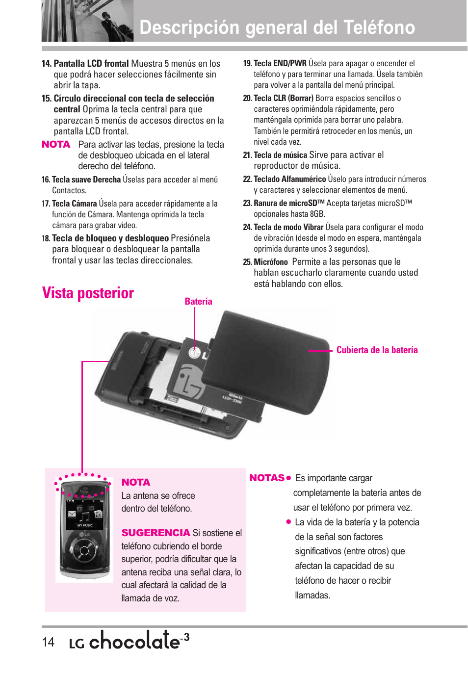 Descripción general del telé, Descripción general del teléfono, Vista posterior | LG Chocolate 3 User Manual | Page 151 / 288