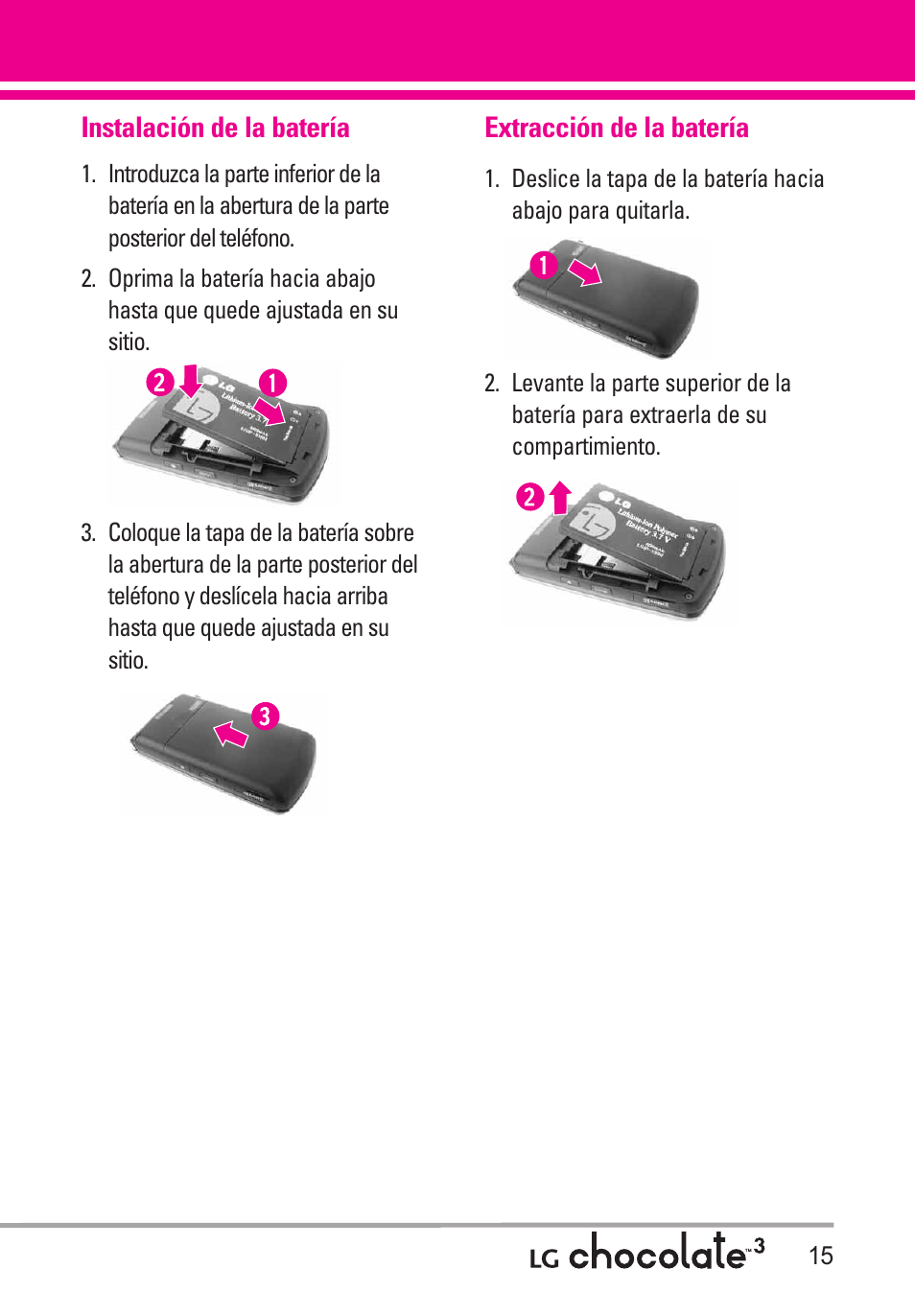 Instalación de la batería, Extracción de la batería | LG Chocolate 3 User Manual | Page 152 / 288