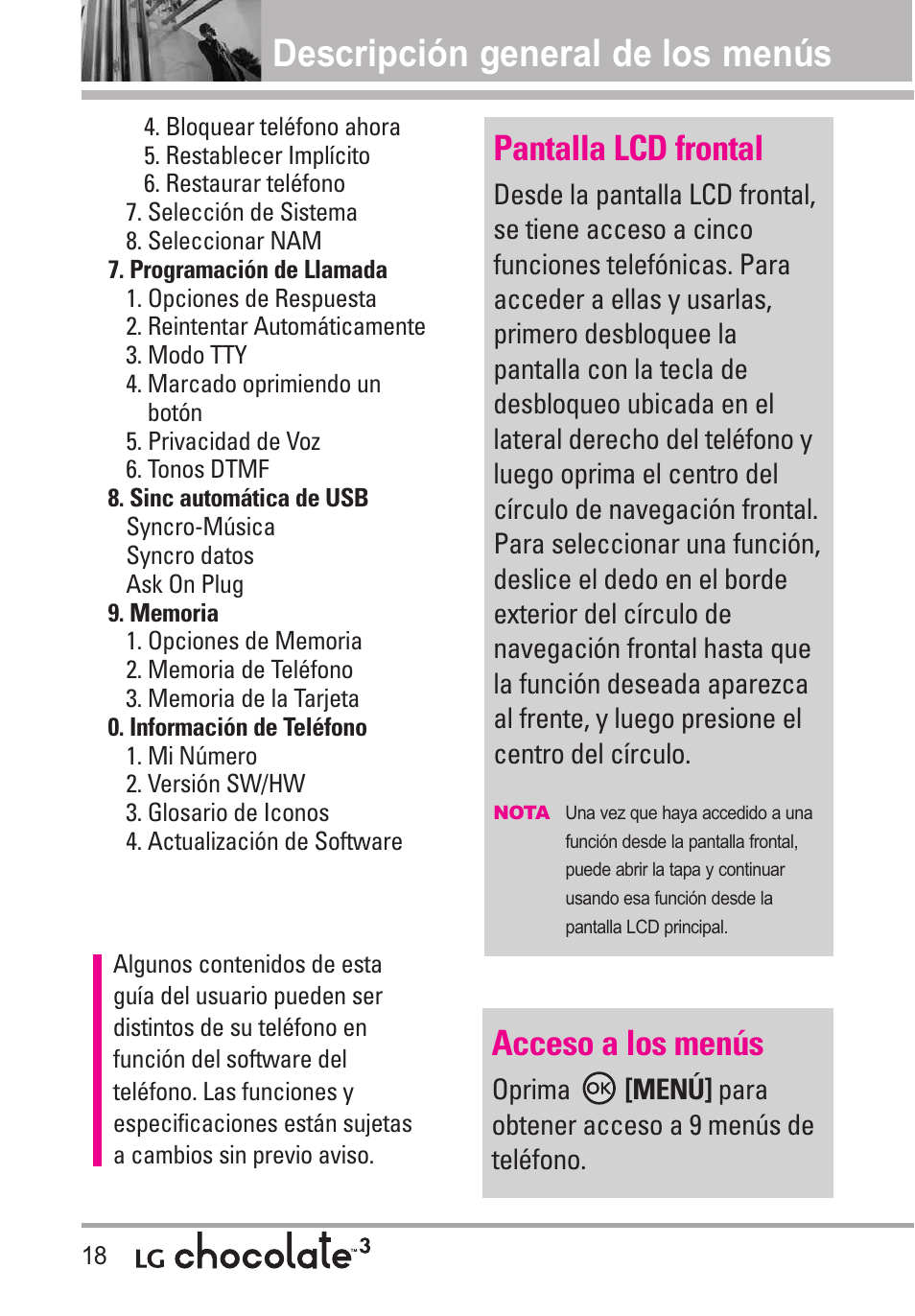 Descripción general de los menús, Acceso a los menús, Pantalla lcd frontal | LG Chocolate 3 User Manual | Page 155 / 288