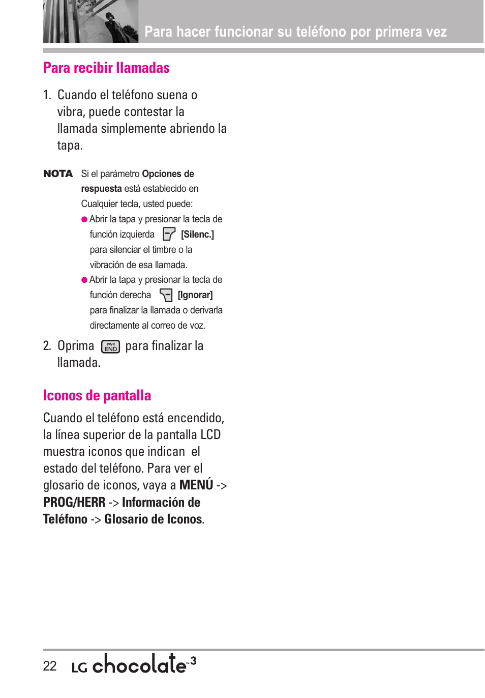 Para recibir llamadas, Iconos de pantalla | LG Chocolate 3 User Manual | Page 159 / 288