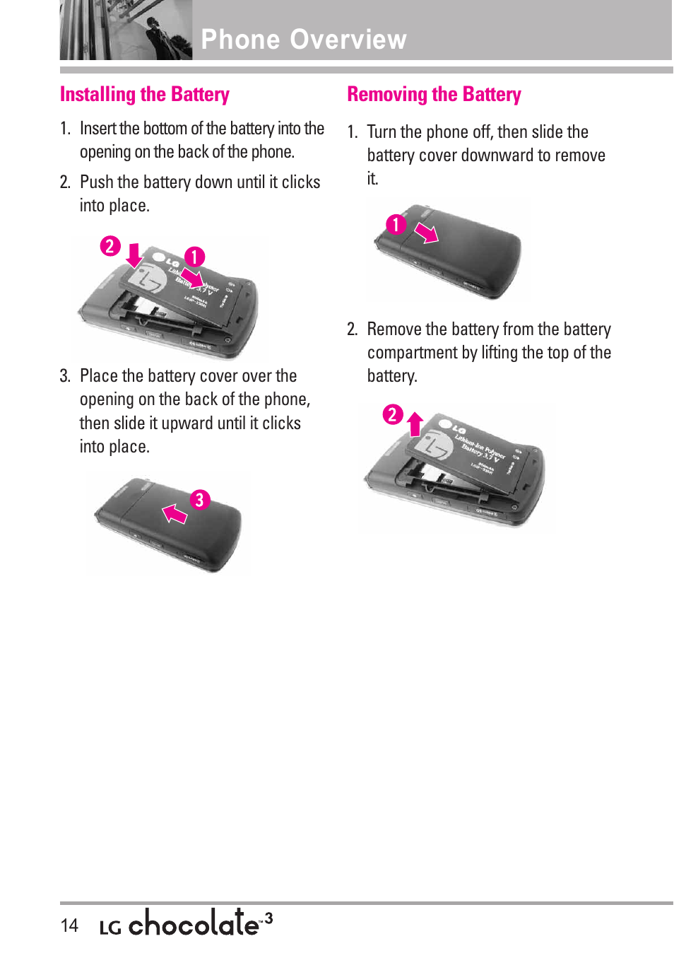 Installing the battery, Removing the battery, Phone overview | LG Chocolate 3 User Manual | Page 16 / 288