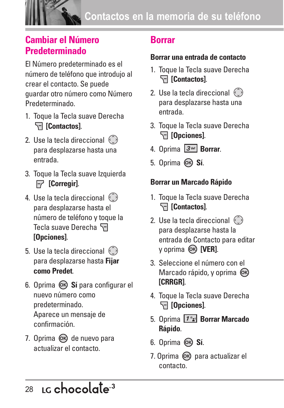 Cambiar el número predeterm, Borrar, Cambiar el número predeterminado | LG Chocolate 3 User Manual | Page 165 / 288