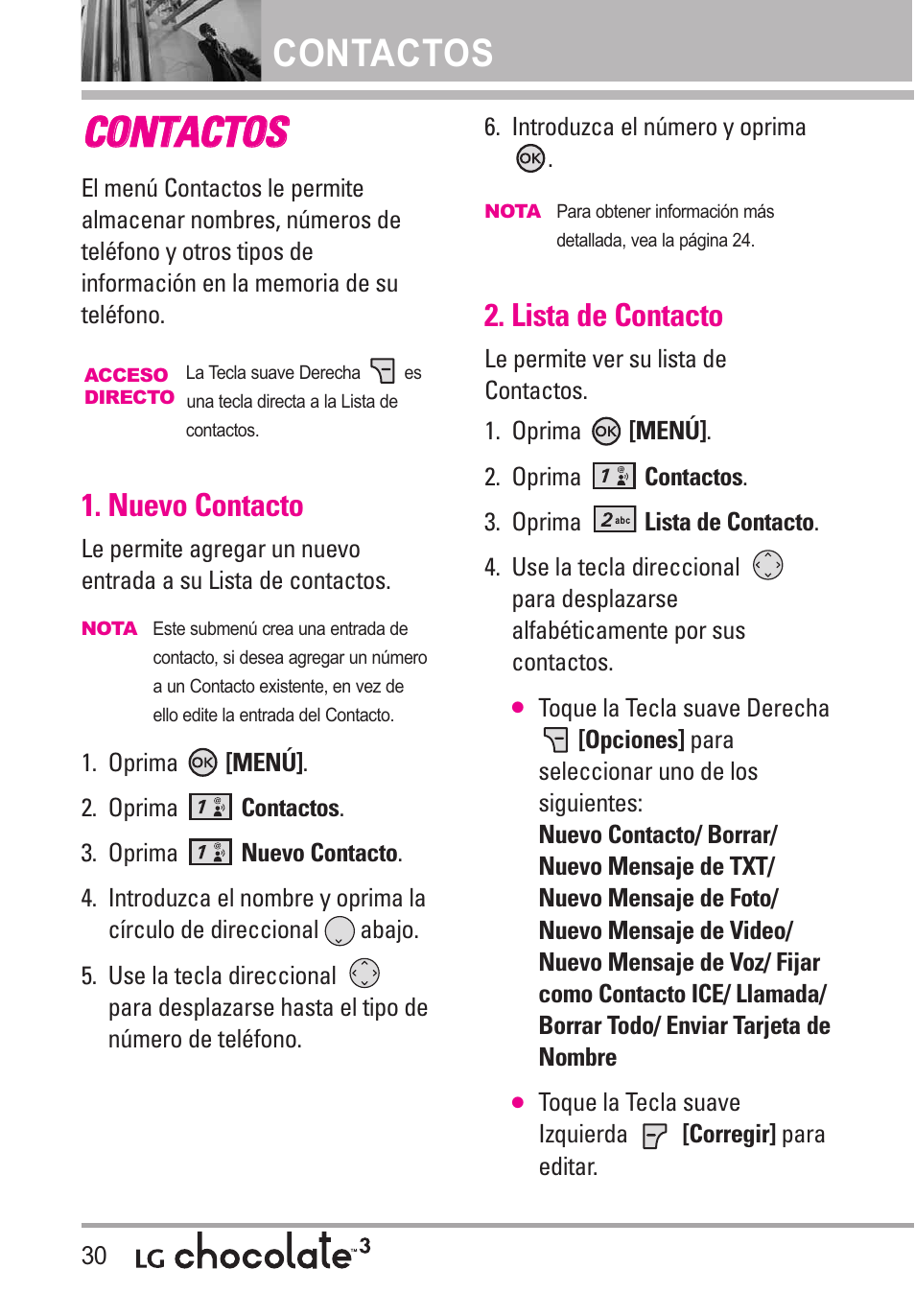 Contactos, Nuevo contacto, Lista de contacto | Cco on nt ta ac ct to os s | LG Chocolate 3 User Manual | Page 167 / 288