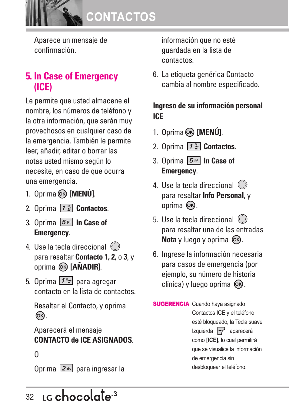 In case of emergency (ice), Contactos | LG Chocolate 3 User Manual | Page 169 / 288