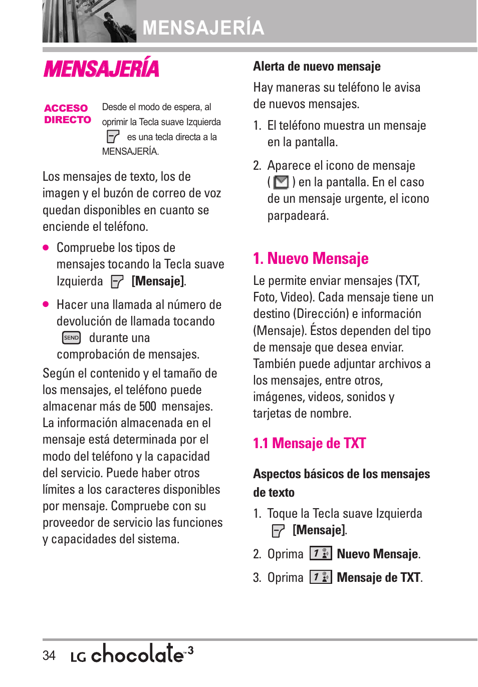 Mensajería, Nuevo mensaje, 1 mensaje de txt | Mme en ns sa aj je er ríía a | LG Chocolate 3 User Manual | Page 171 / 288