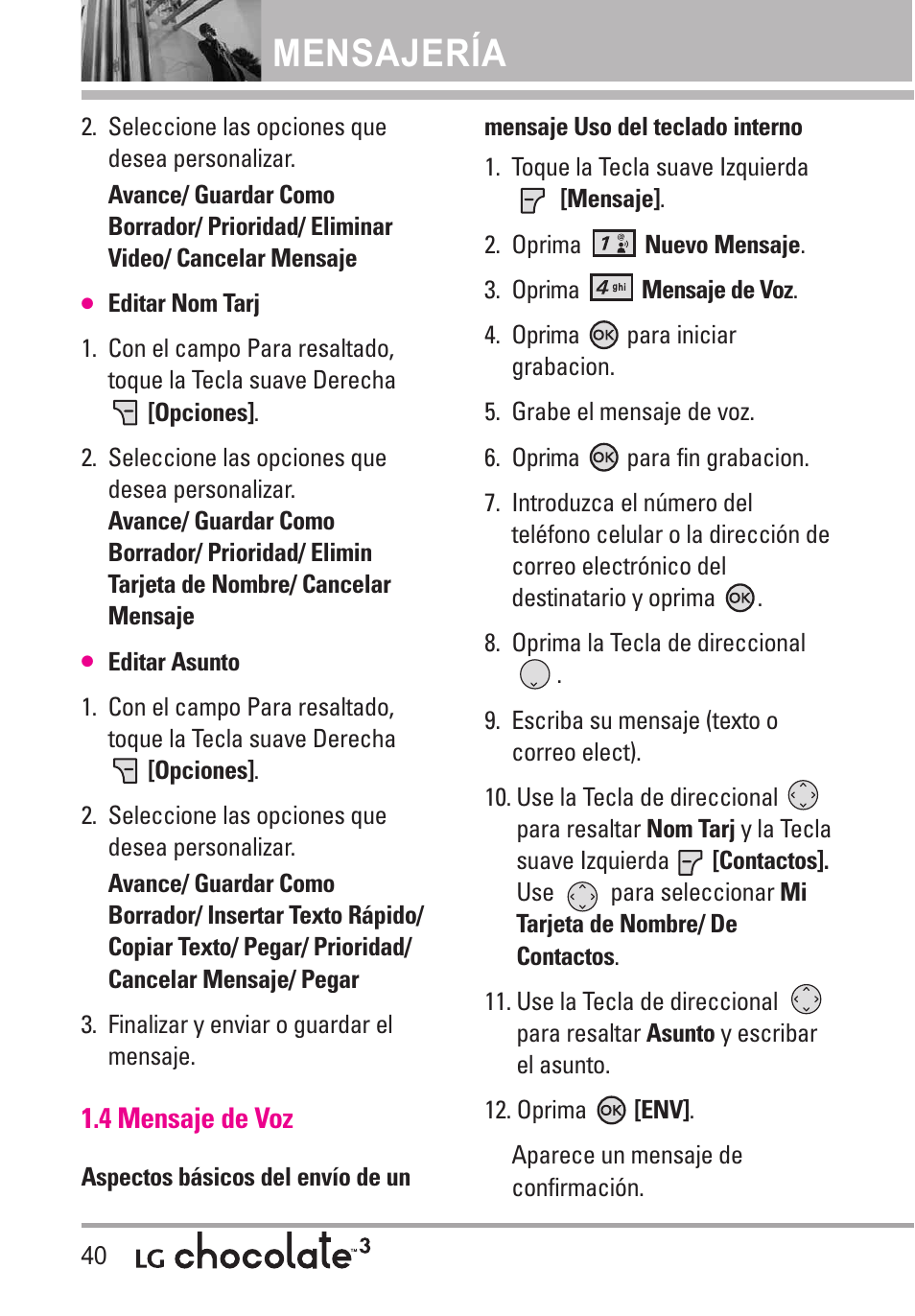 4 mensaje de voz, Mensajería | LG Chocolate 3 User Manual | Page 177 / 288