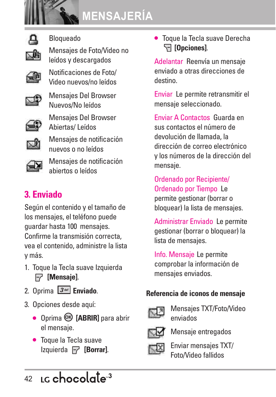 Enviado, Mensajería | LG Chocolate 3 User Manual | Page 179 / 288