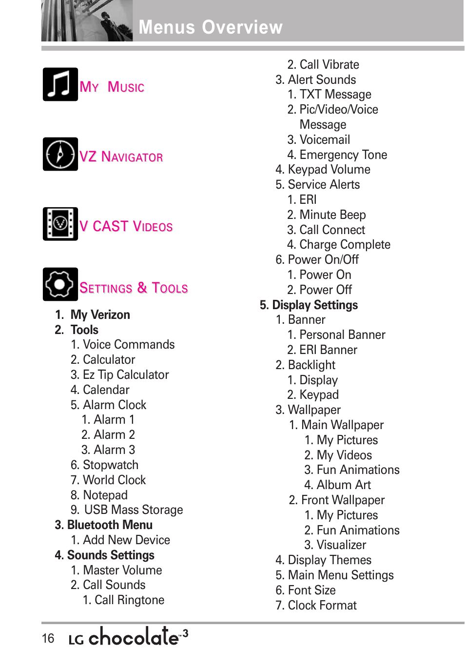 Menus overview | LG Chocolate 3 User Manual | Page 18 / 288