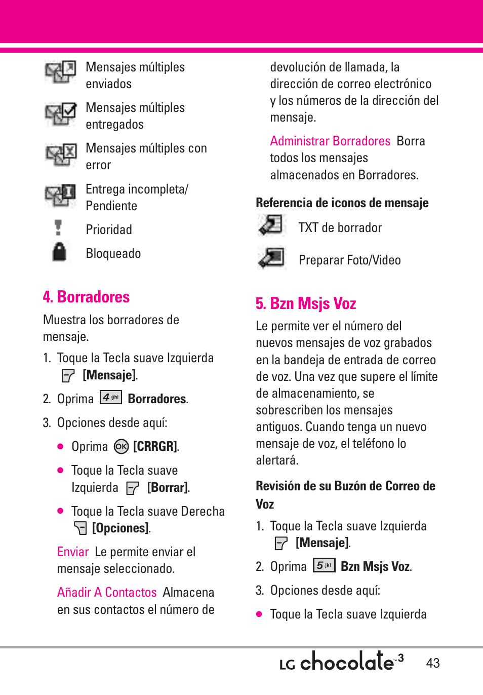 Borradores, Bzn msjs voz | LG Chocolate 3 User Manual | Page 180 / 288