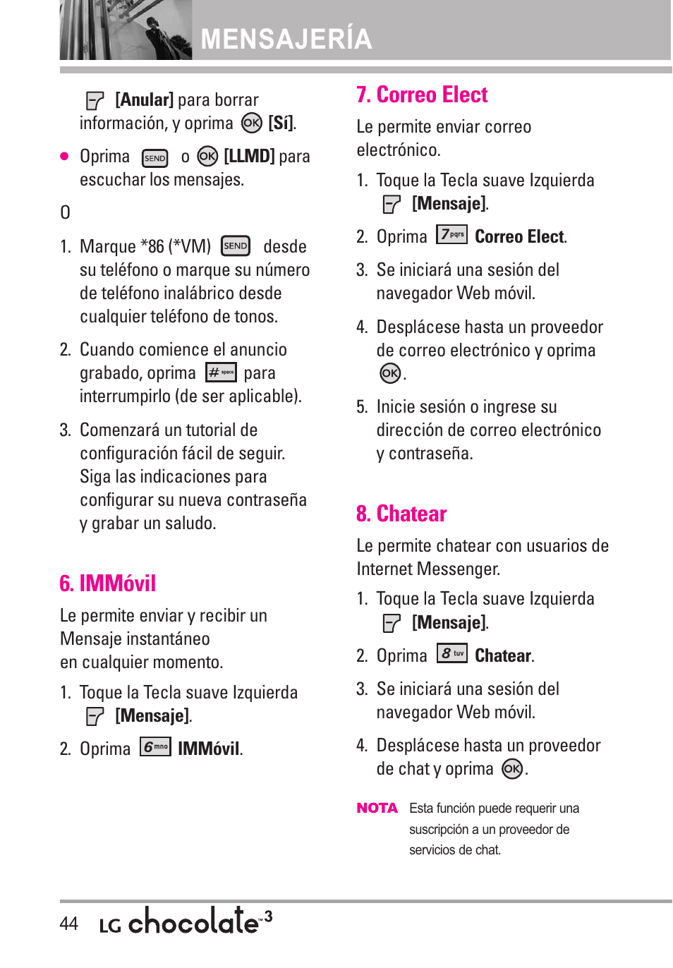 Immóvil, Correo elect, Chatear | Mensajería | LG Chocolate 3 User Manual | Page 181 / 288