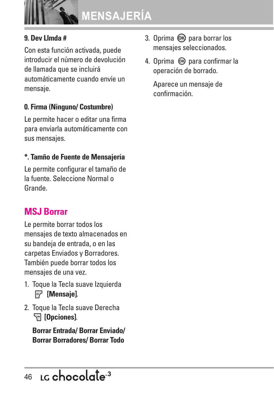 Dev llmda, Firma (ninguno/ costumbre), Tamño de fuente de mensaj | Msj borrar, Mensajería | LG Chocolate 3 User Manual | Page 183 / 288