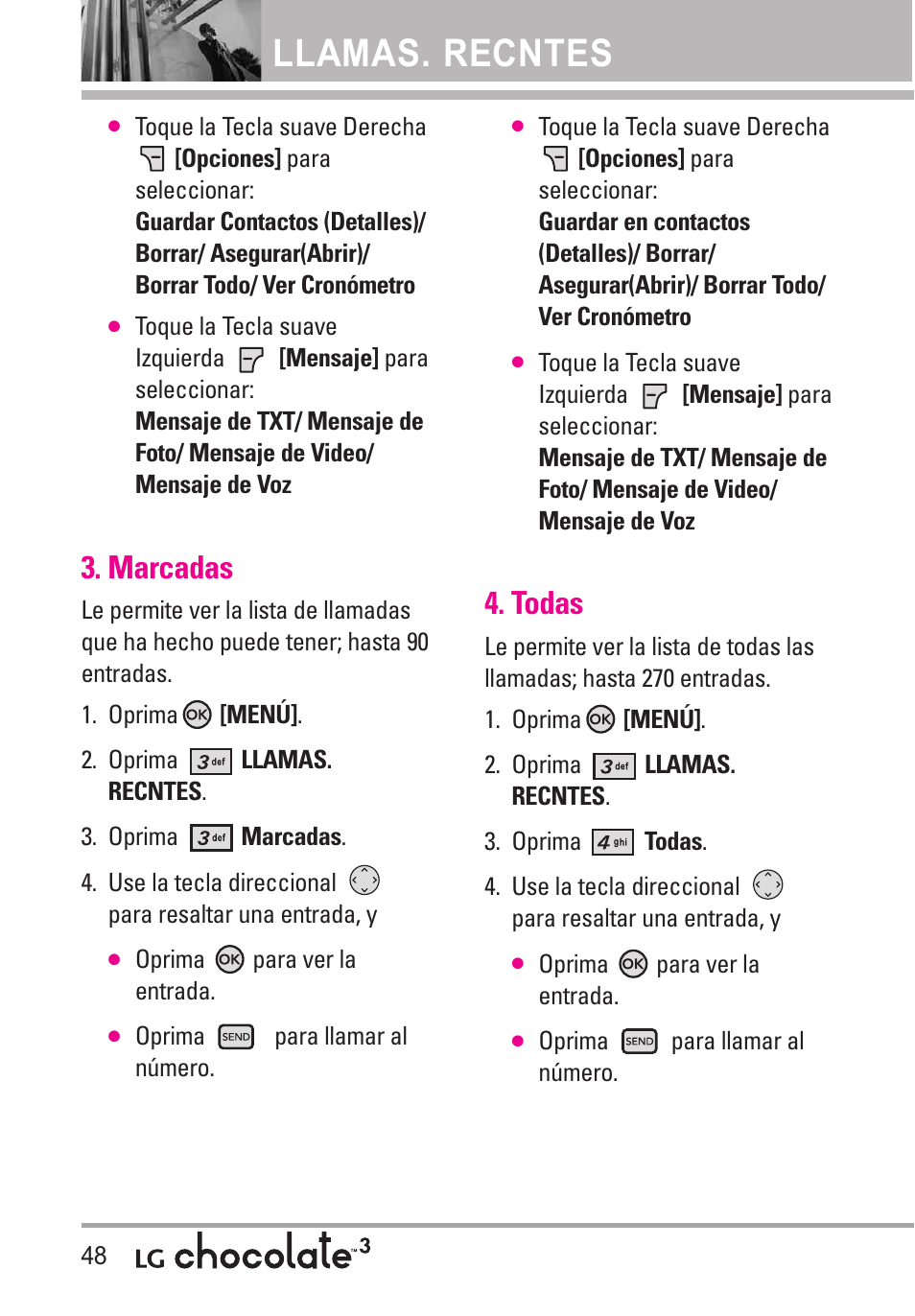 Marcadas, Todas, Llamas. recntes | LG Chocolate 3 User Manual | Page 185 / 288