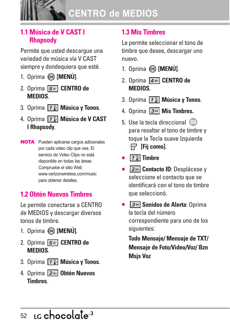 1 música de v cast l rhap, 2 obtén nuevos timbres, 3 mis timbres | 1 música de v cast l rhapsody 52, Centro de medios, 1 música de v cast l rhapsody | LG Chocolate 3 User Manual | Page 189 / 288