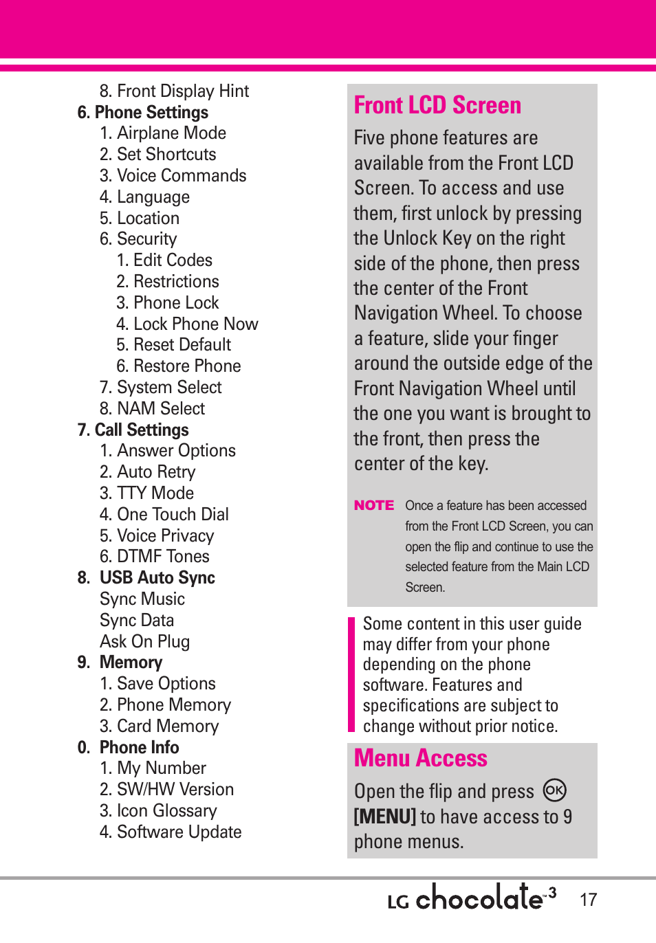 Front lcd screen, Menu access | LG Chocolate 3 User Manual | Page 19 / 288