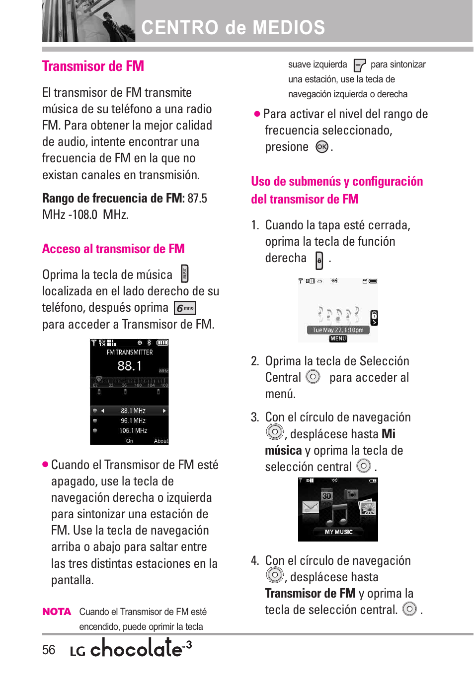 Transmisor de fm, Centro de medios | LG Chocolate 3 User Manual | Page 193 / 288