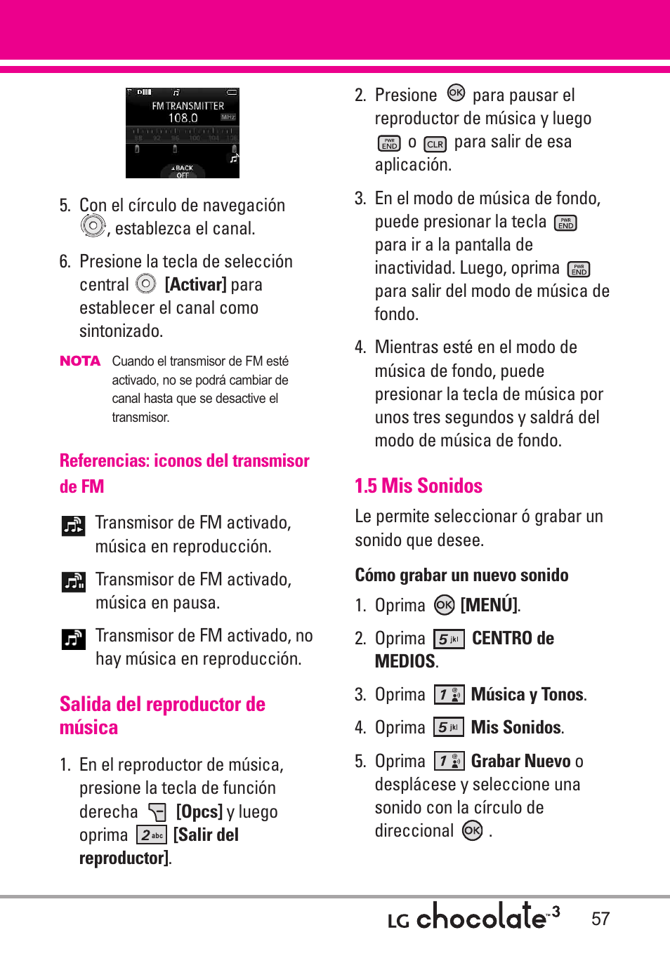 Salida del reproductor de mú, 5 mis sonidos, Salida del reproductor de música | LG Chocolate 3 User Manual | Page 194 / 288