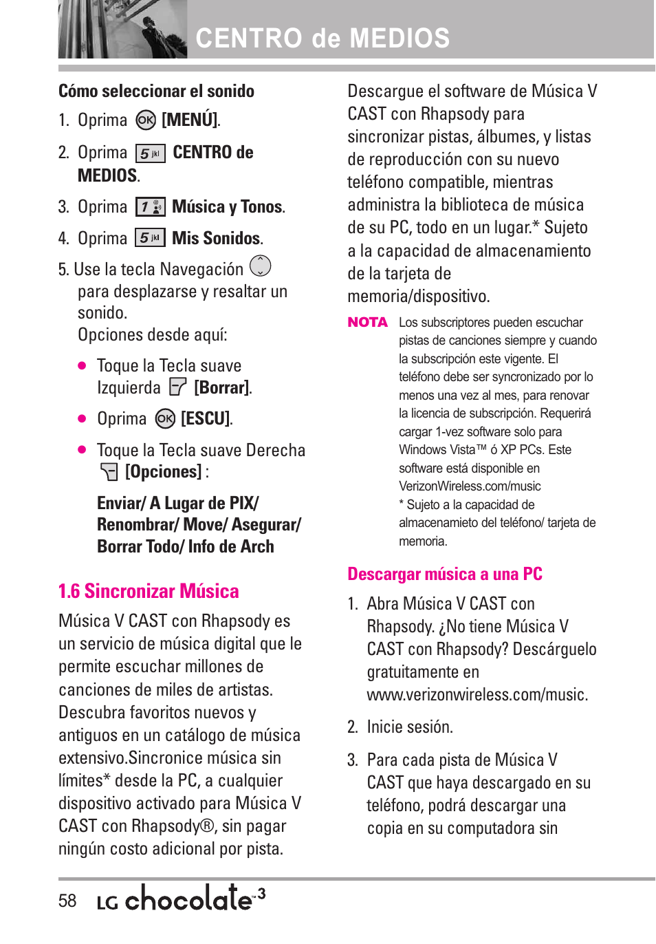 6 sincronizar música, Centro de medios | LG Chocolate 3 User Manual | Page 195 / 288