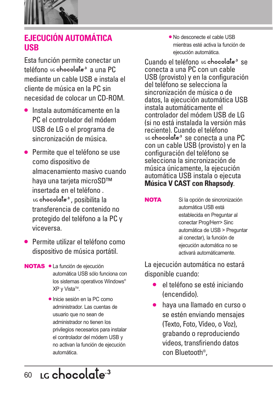 Ejecución automática usb, El teléfono se esté iniciando (encendido) | LG Chocolate 3 User Manual | Page 197 / 288