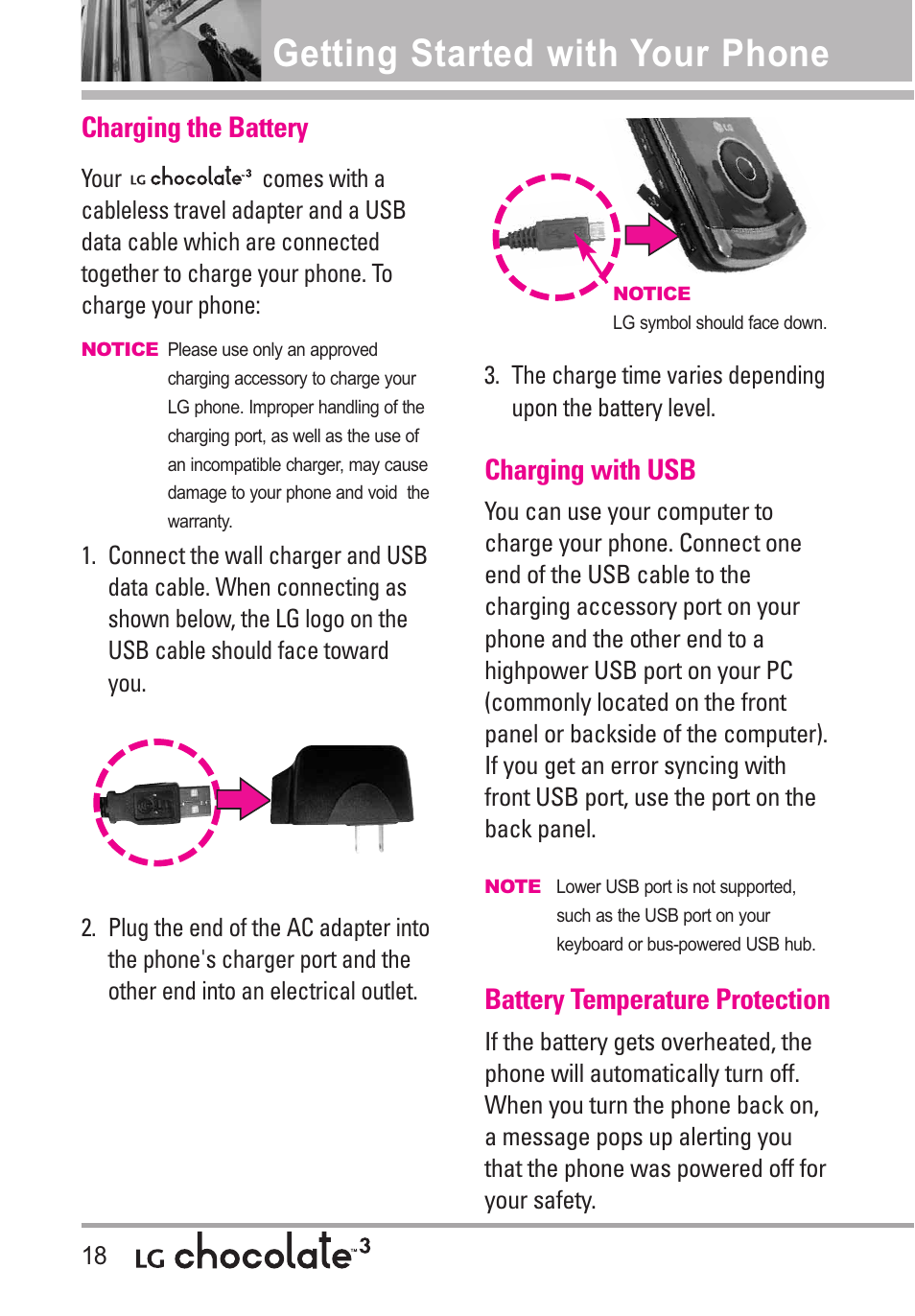 Getting started with your p, Charging the battery, Charging with usb | Battery temperature protection, Getting started with your phone | LG Chocolate 3 User Manual | Page 20 / 288