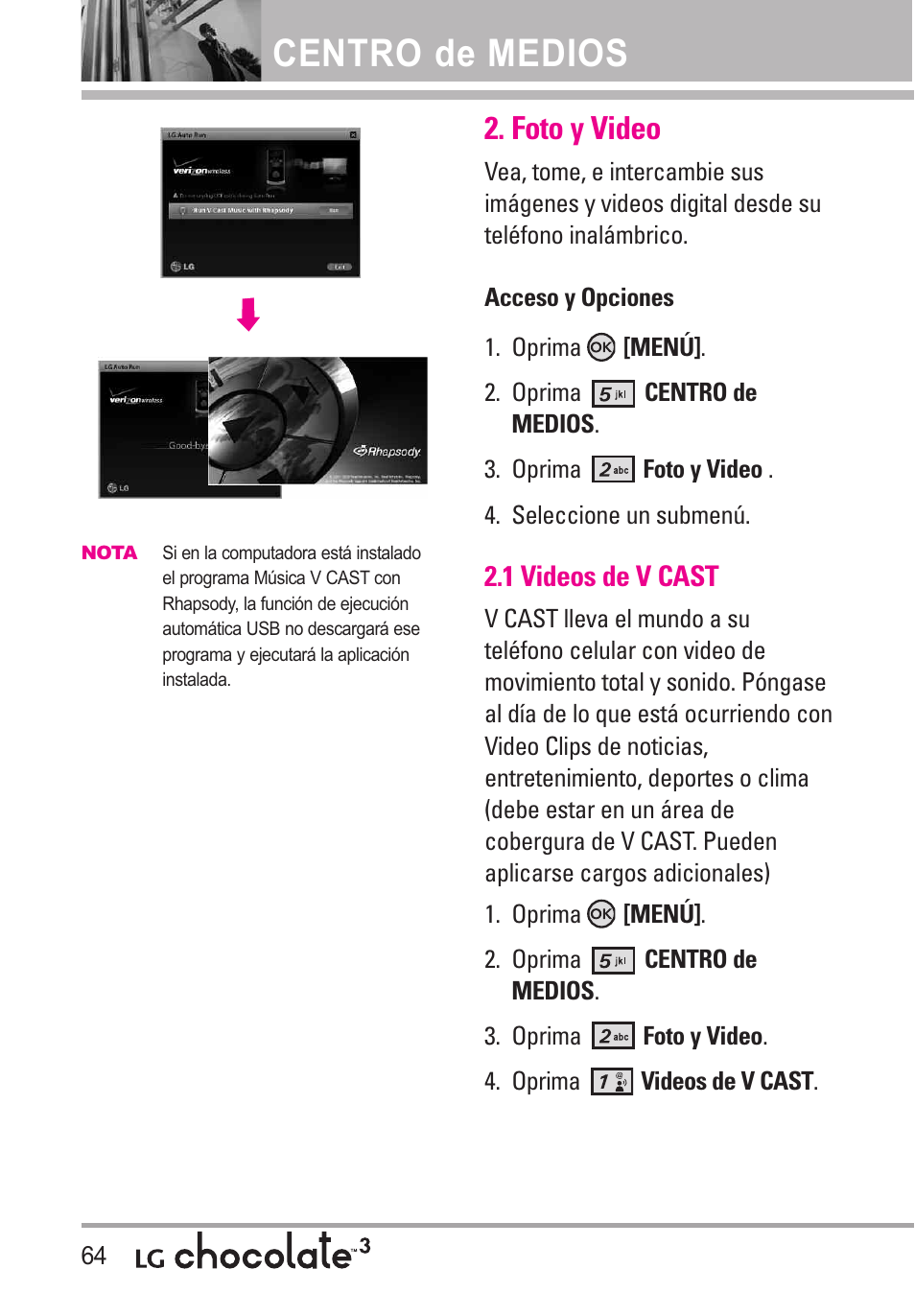 Foto y video, 1 videos de v cast, Centro de medios | LG Chocolate 3 User Manual | Page 201 / 288