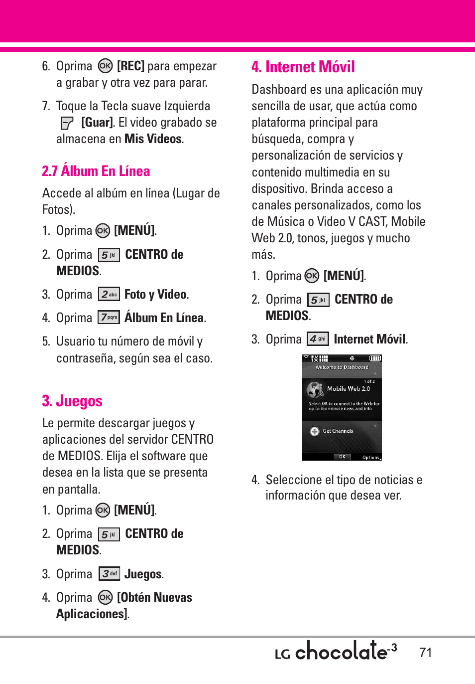 7 álbum en línea, Juegos, Internet móvil | LG Chocolate 3 User Manual | Page 208 / 288