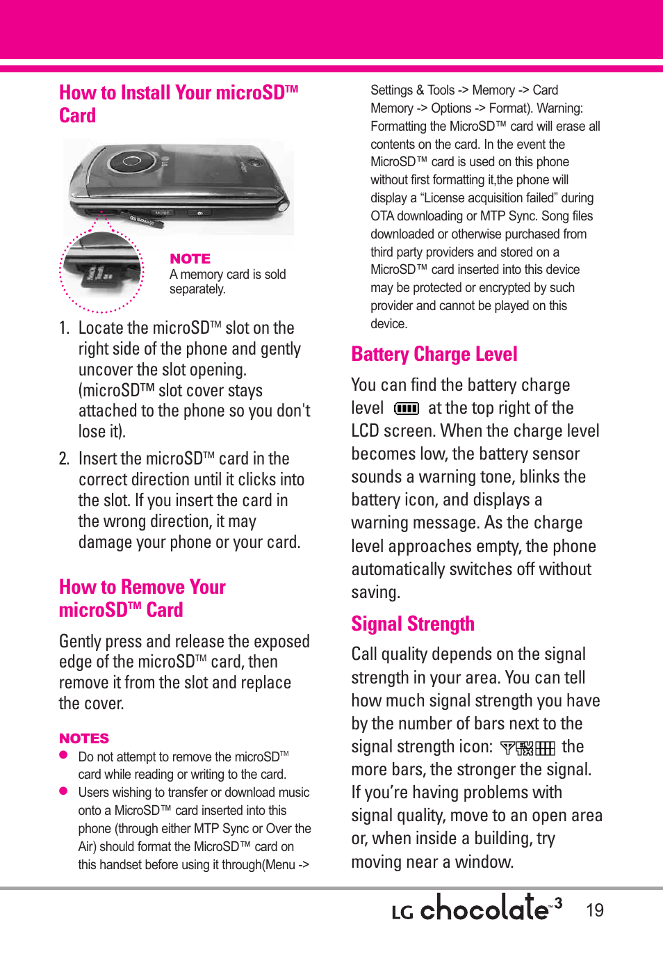 How to install your microsdt, How to remove your microsdtm, Battery charge level | Signal strength, How to install your microsd, Card 19, Card, How to remove your microsd, Locate the microsd | LG Chocolate 3 User Manual | Page 21 / 288