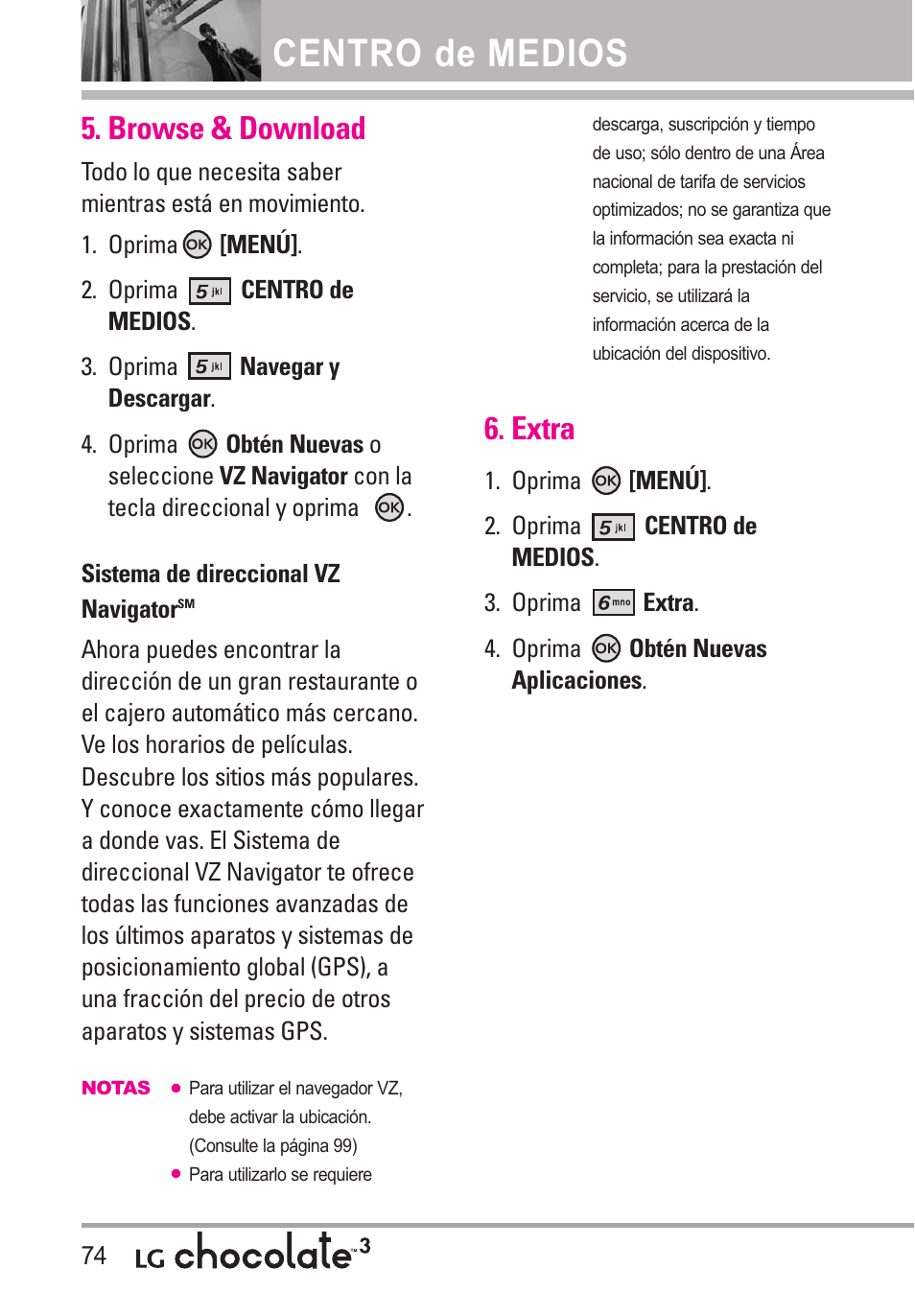 Browse & download, Extra, Centro de medios | LG Chocolate 3 User Manual | Page 211 / 288