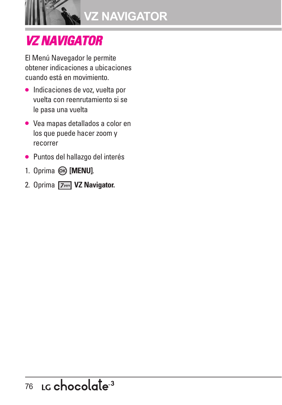 Vz navigator, Vvz z n na av viig ga at to or r | LG Chocolate 3 User Manual | Page 213 / 288