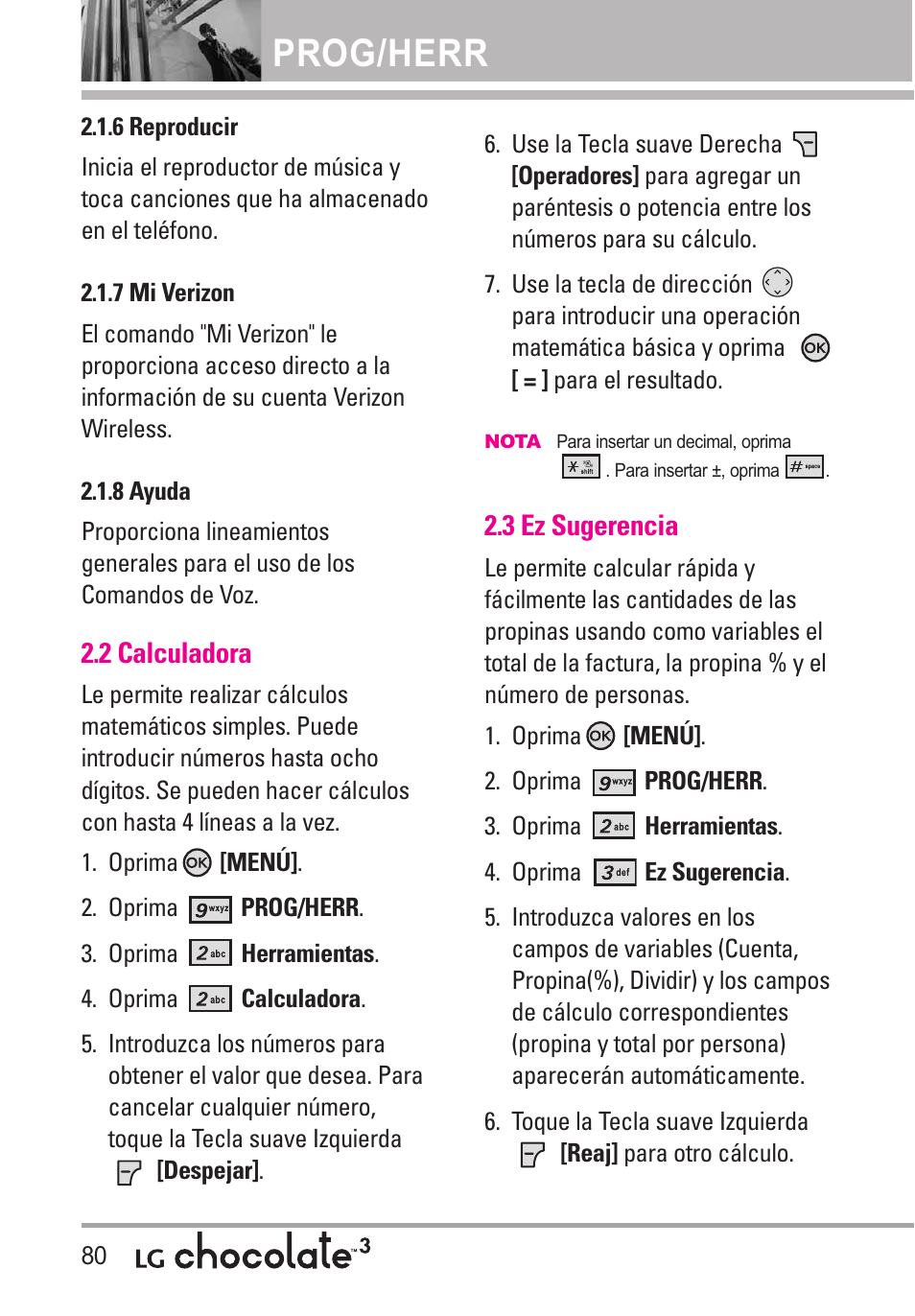 6 reproducir, 7 mi verizon, 8 ayuda | 2 calculadora, 3 ez sugerencia, 6 reproducir 2.1.7 mi verizon 2.1.8 ayuda, Prog/herr | LG Chocolate 3 User Manual | Page 217 / 288