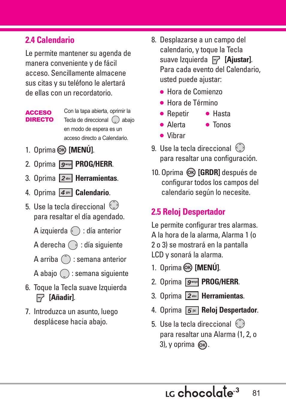 4 calendario, 5 reloj despertador | LG Chocolate 3 User Manual | Page 218 / 288