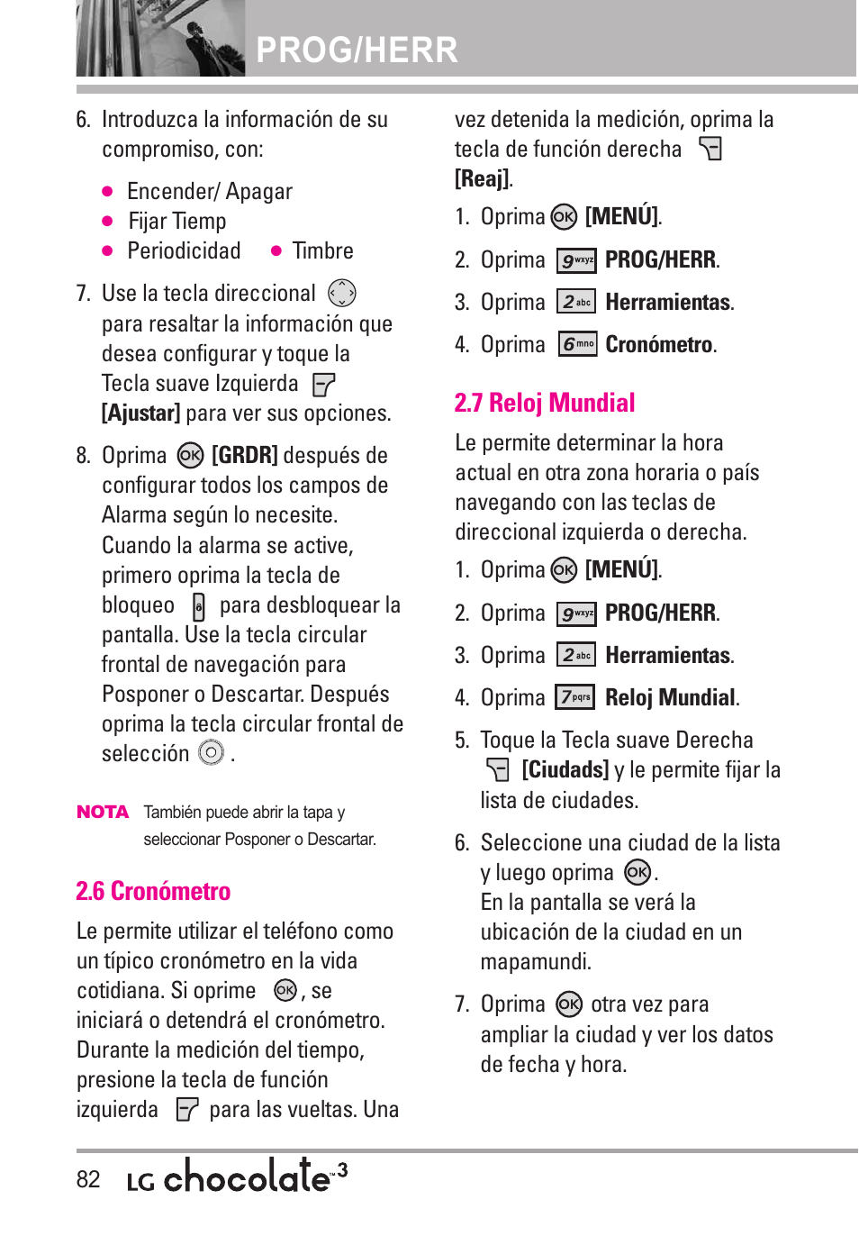 6 cronómetro, 7 reloj mundial, Prog/herr | LG Chocolate 3 User Manual | Page 219 / 288