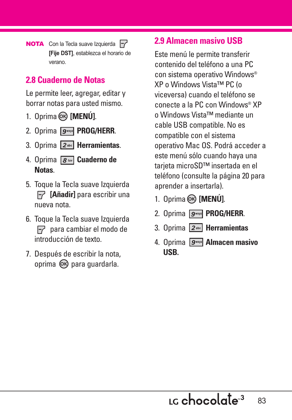 8 cuaderno de notas, 9 almacen masivo usb | LG Chocolate 3 User Manual | Page 220 / 288